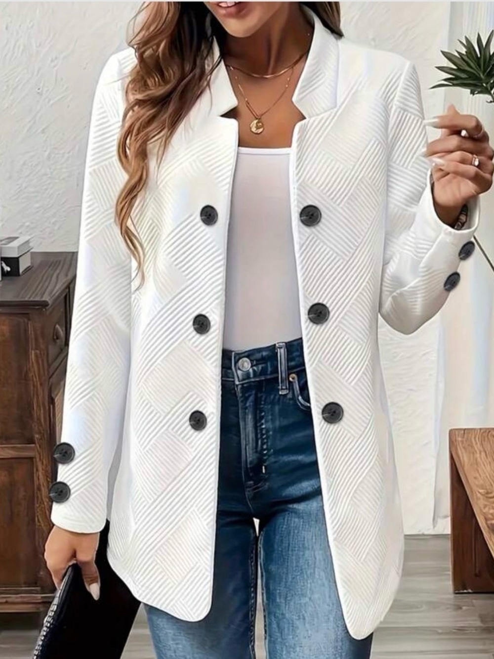 Women's White Textured Button-Front Blazer Jacket